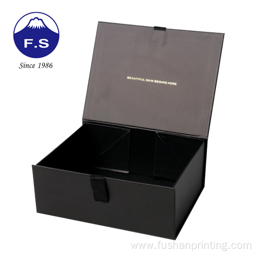 Customized golden foil ribbon black cardboard foldable box